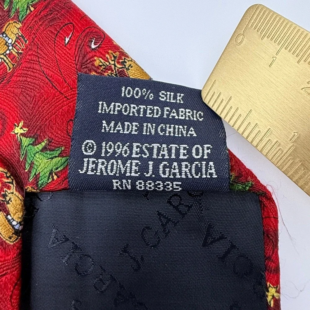 Jerry Garcia Necktie OS Christmas Reindeer Tree Red Silk Holiday 90s Vintage Tie